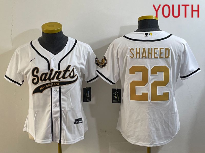 Youth New Orleans Saints 22 Shaheed White Joint Name 2024 Nike Limited NFL Jersey style 1